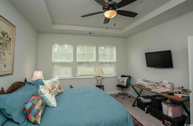 Carpeted bedroom with a tray ceiling, baseboards, and a ceiling fan | Image 31
