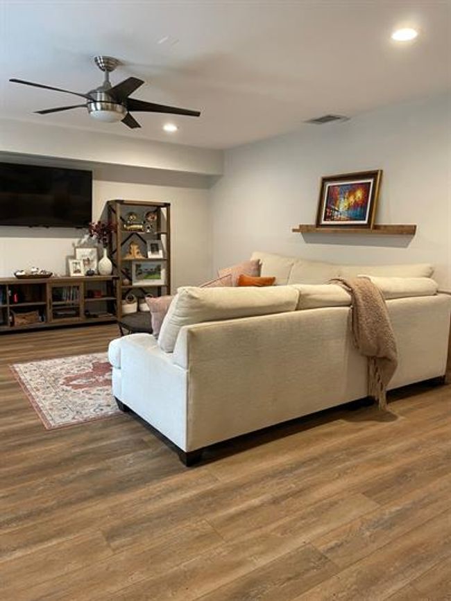 Living room with recessed lighting, wood-style floors, and ceiling fan | Image 10