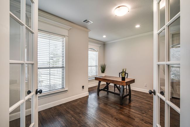 Office with ornamental molding, french doors, and dark hardwood / wood-style flooring | Image 25