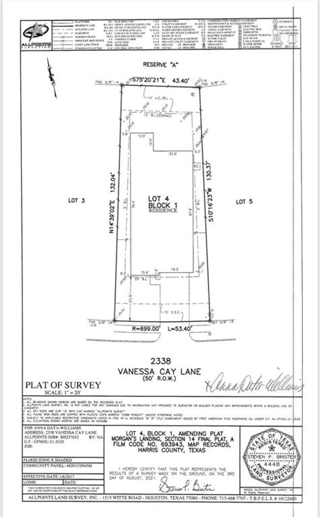 This survey shows a rectangular lot located at 2338 Vanessa Cay Lane, Texas. It details measurements, boundaries, and easements for Lot 4, Block 1. The lot is bordered by Lot 3 and Lot 5, with a reserved area at the rear. It includes the dimensions of the property and a proposed building area. | Image 38
