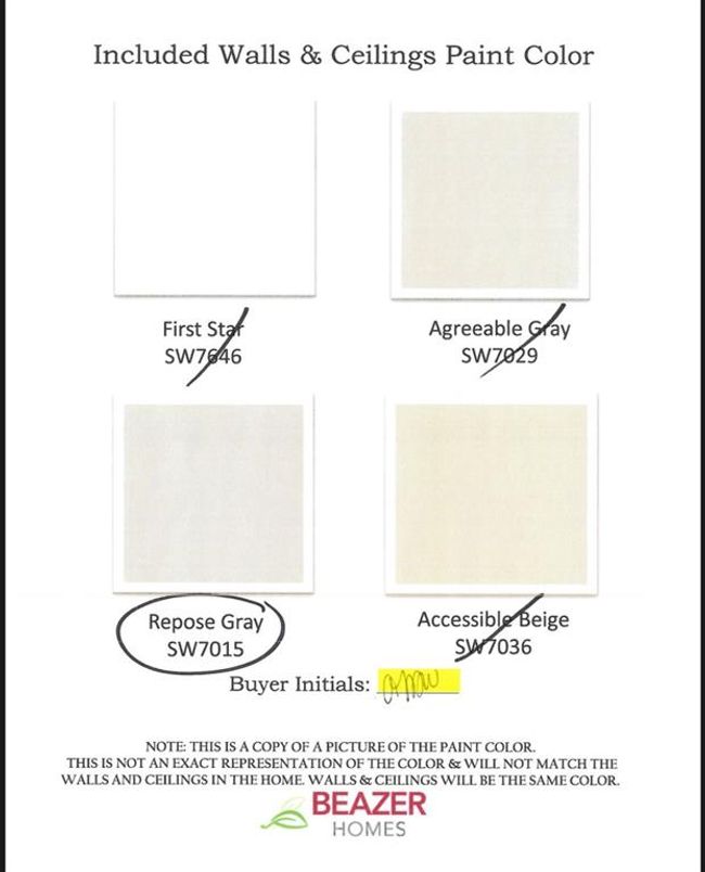 This image shows a selection of paint colors for walls and ceilings from Beazer Homes. The options include "First Star, " "Agreeable Gray, " "Repose Gray, " and "Accessible Beige, " with "Repose Gray" being highlighted. | Image 35