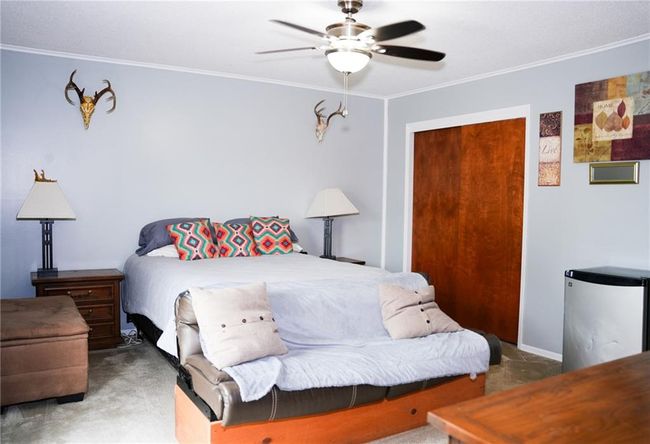 Carpeted bedroom featuring fridge, a closet, a ceiling fan, and ornamental molding | Image 10