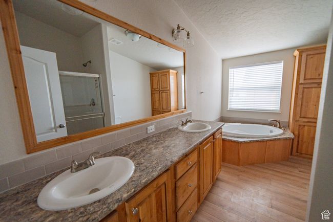 Full bath featuring a shower with door, wood finished floors, a sink, and a bathing tub | Image 29