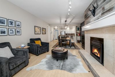 Living room with light hardwood / wood-style flooring and a fireplace | Image 3