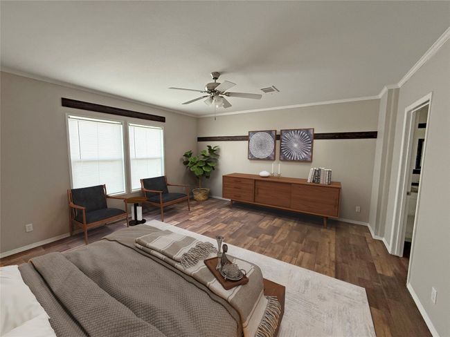 Living area featuring crown molding, ceiling fan, and wood finished floors | Image 15