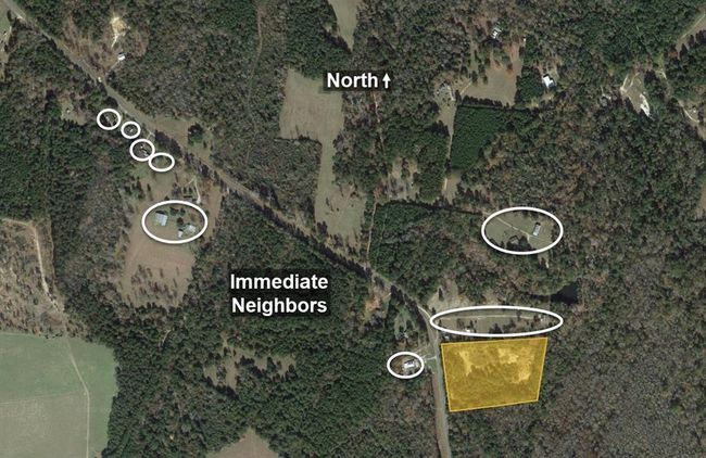 Aerial view of the large, outlined property facing west, surrounded by trees and open land, with a few nearby structures and a road. Ideal for privacy and space. | Image 24