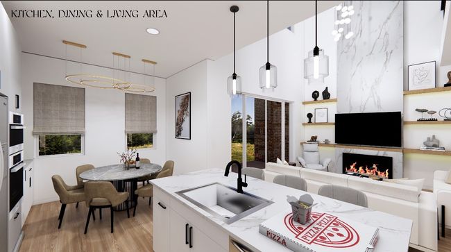 Kitchen featuring a sink, open floor plan, light wood-style floors, and light stone countertops | Image 14