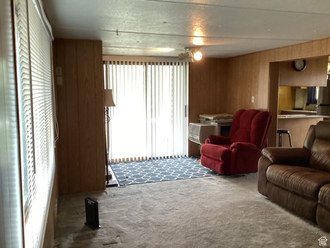 Carpeted living area featuring healthy amount of natural light and wood walls | Image 12