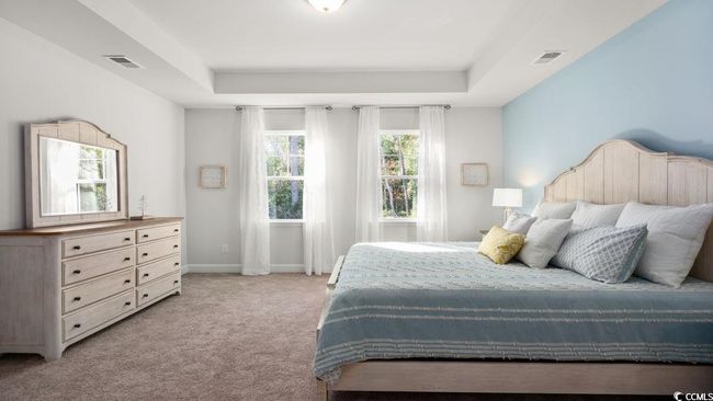 Bedroom with light carpet, a tray ceiling, and baseboards | Image 18
