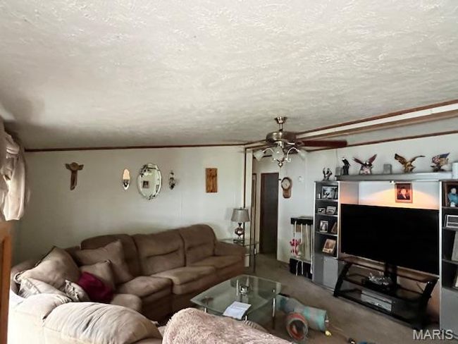 Carpeted living area with ceiling fan and a textured ceiling | Image 10