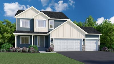 EXTERIOR COLOR SCHEME WILL BE DIFFERENT. Highlights include a Concrete Front Porch, 4 BAY GARAGE, unfinished Walkout Lower Level, Stone, & Pella Windows in CulDeSac location. Rendering may not depict actual material & finishes selected for this home. | Image 1