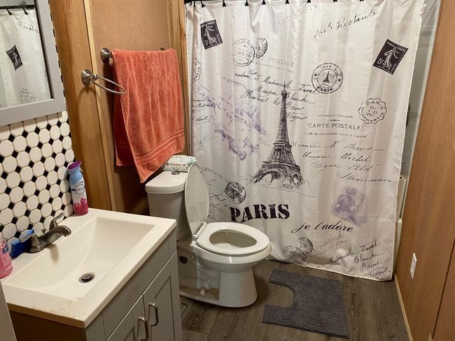 Full bathroom featuring wood finished floors, vanity, and a shower with curtain | Image 11