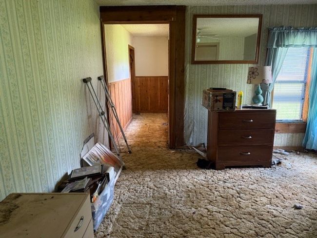 Bedroom and hall all featuring wallpapered walls, carpet, a wainscoted wall, and wooden walls | Image 9