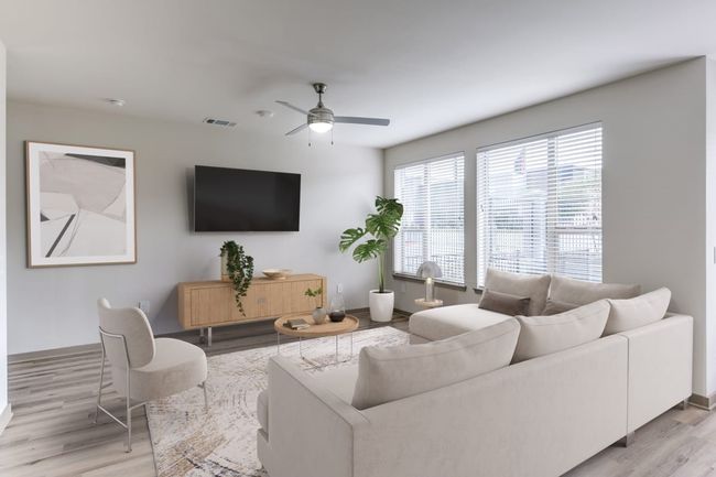 Living room featuring ceiling fan and light hardwood / wood-style floors | Image 17
