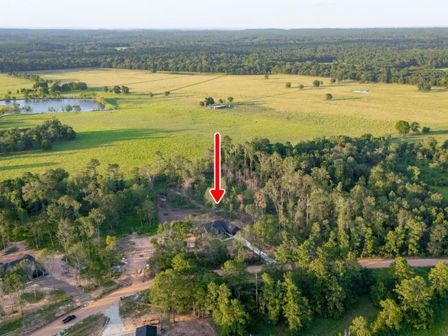 This aerial image includes a helpful visual marker showing the home's precise placement within the neighborhood and its proximity to rolling pastures and nearby ranchland. | Image 40