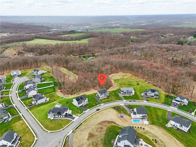 Aerial view of a beautifully maintained two-story home set on a spacious lot with expansive green lawn and private wooded backdrop. Located on a quiet cul-de-sac, this property offers scenic views, a paved driveway, and excellent curb appeal. | Image 40