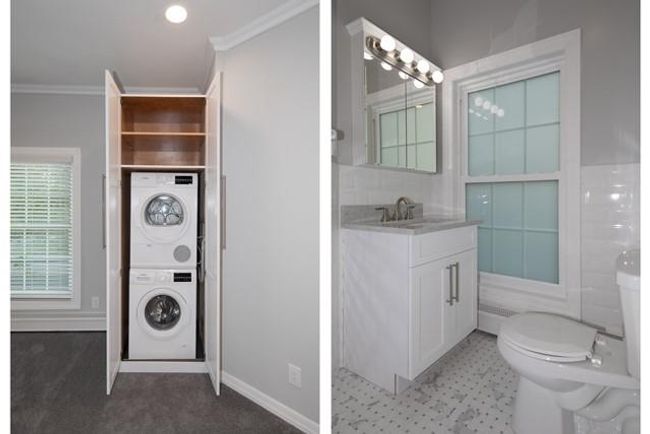 Bathroom featuring stacked washing machine and dryer, crown molding, vanity, and tile patterned floors | Image 6