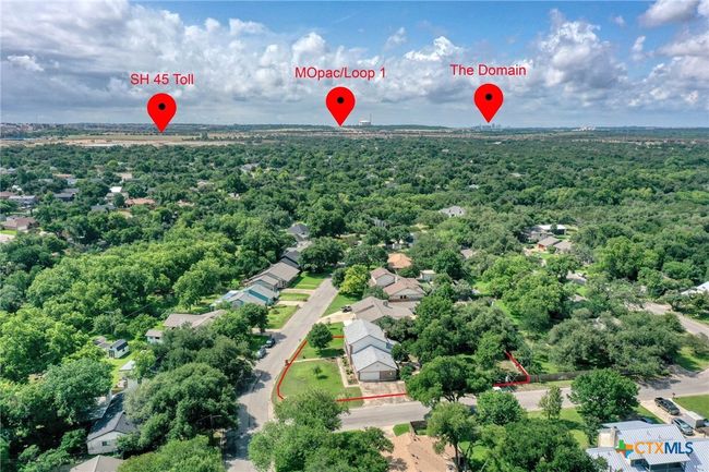 Aerial view of home with pins showing close proximity to the 45 Tollway, MoPac/Loop 1, and just 10 minutes from The Domain. | Image 36