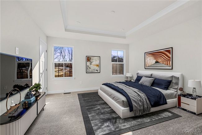 Bedroom featuring multiple windows, a tray ceiling, visible vents, and light colored carpet | Image 20