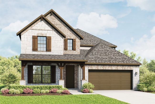 French country home featuring an attached garage, concrete driveway, roof with shingles, a porch, and stone siding | Image 10