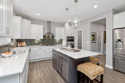 (Photo of a decorated model, actual homes finishes will vary) Welcome to the Lewis! This spacious kitchen features a large center island, quartz countertops, LVP floors, stainless appliances and more. | Image 1