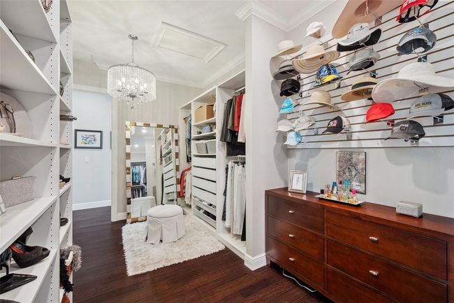 Custom master closet with tons of adjustable shelves, drawers, retractable tailor rods, hat wall, and a chandelier of course! | Image 54