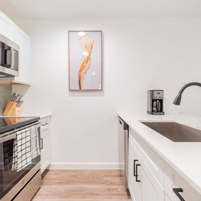 Kitchen with light countertops, a sink, white cabinetry, appliances with stainless steel finishes, and light wood-style floors | Image 4
