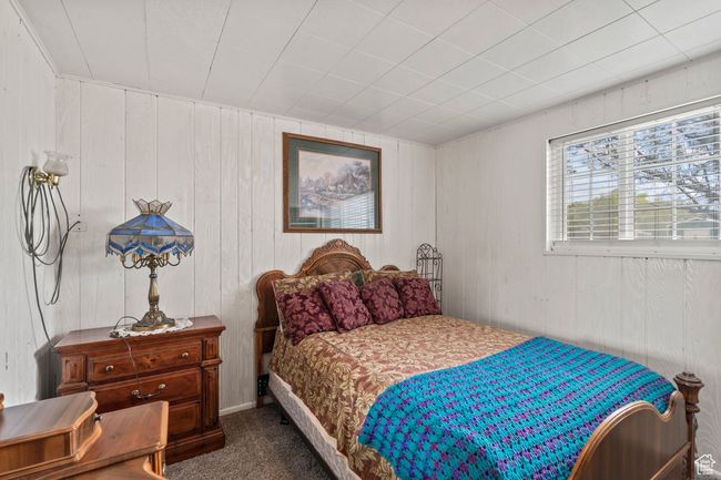 Carpeted bedroom featuring wood walls | Image 25