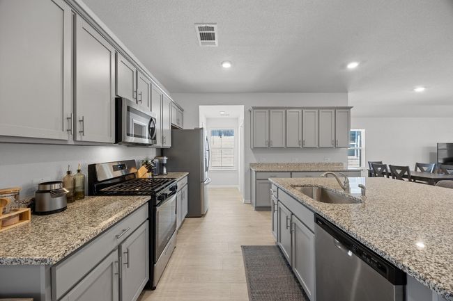 Kitchen with light wood-look flooring, gray cabinets, a large sink, and stainless steel appliances | Image 10