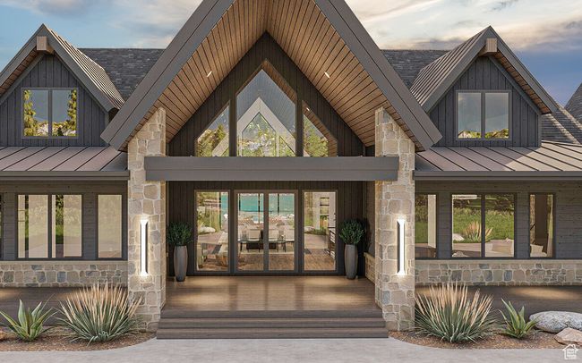 Entrance to property featuring a standing seam roof, stone siding, and a metal roof | Image 5