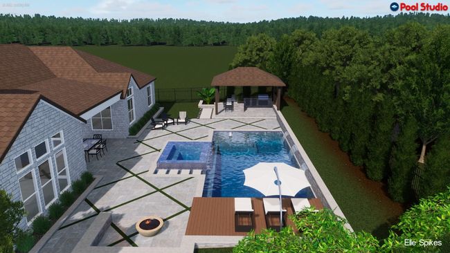 View of swimming pool with a wooded view, a patio, a gazebo, and a pool with connected hot tub | Image 33