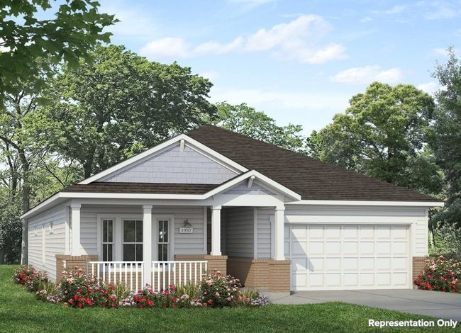 View of front facade featuring roof with shingles, driveway, covered porch, brick siding, and a garage | Image 5