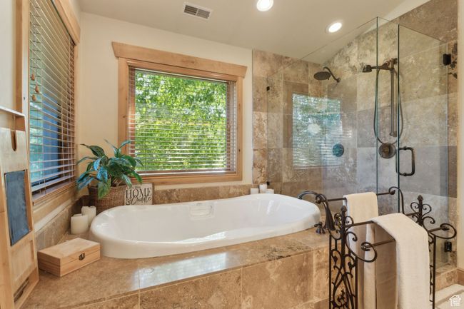 Full bathroom with a bath, a shower stall, and recessed lighting | Image 29