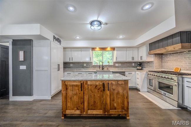 Kitchen with stainless steel appliances, dark wood-style floors, and white cabinetry | Image 17