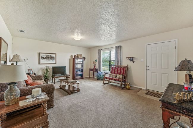 Carpeted living room with visible vents and a textured ceiling | Image 10