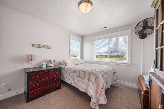 Bedroom featuring dark colored carpet and a textured ceiling | Image 13