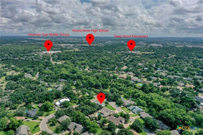 Aerial view of the home within minutes of all three levels of award winning RRISD schools - Deep Wood Elementary, Chisholm Trail Middle School, and Round Rock High School. | Image 35