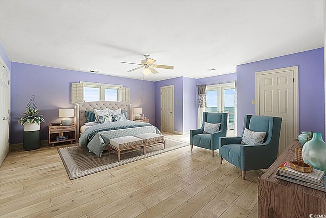 Bedroom featuring baseboards, light wood-style flooring, ceiling fan, french doors, and a closet | Image 36
