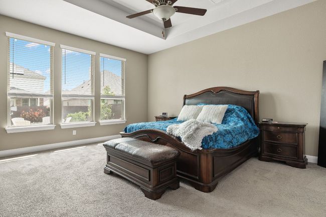 Bedroom with light carpet, baseboards, a ceiling fan, and tray ceiling with windows to the outdoor space | Image 20