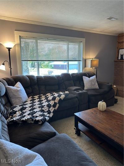 Living room with light carpet, a textured ceiling, and ornamental molding | Image 3