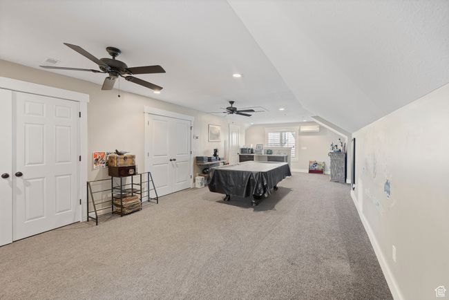Playroom featuring a ceiling fan, billiards, carpet, recessed lighting, and baseboards | Image 58