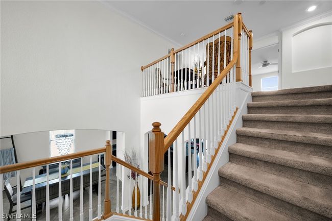 Stairs featuring ornamental molding, carpet flooring, a wealth of natural light, and ceiling fan | Image 28