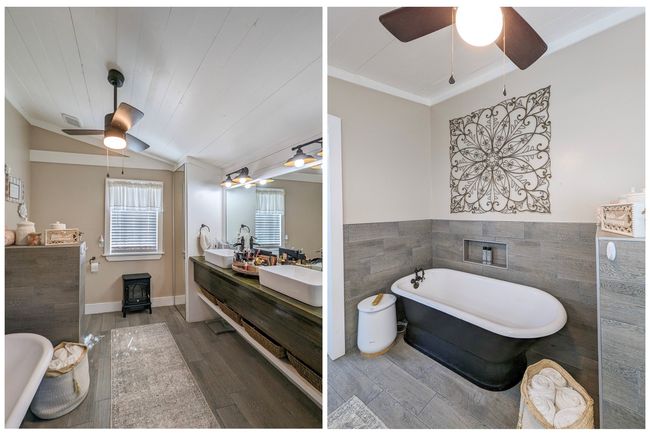 Carpeted bedroom featuring wood ceiling, ornamental molding, ceiling fan, and vaulted ceiling | Image 16