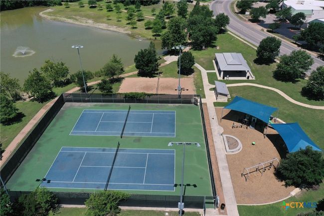 Aerial view of Round Rock West Park showing Duck Pond, Tennis Courts, Playground, Pavilion, Sand Volleyball, walking trails, picnic tables and more! | Image 41
