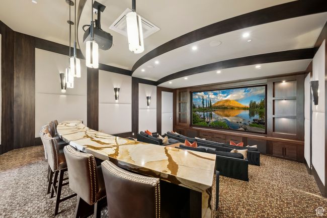 Home theater room with carpet flooring, recessed lighting, and beam ceiling | Image 53