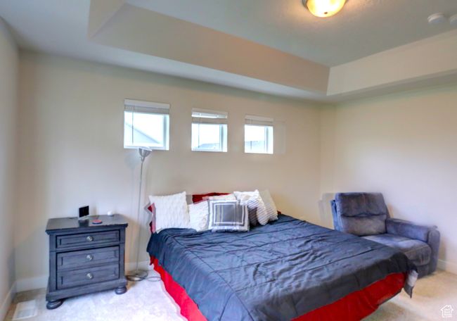 Bedroom featuring baseboards, a raised ceiling, and carpet | Image 12