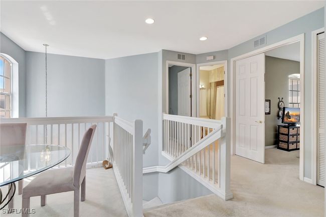 Corridor featuring an upstairs landing, carpet floors, baseboards, and recessed lighting, showing the 3rd bedroom used as a den and the 2nd bath, door to the 2nd bedroom | Image 31