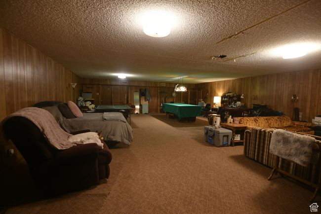 Bedroom with wood walls, pool table, a textured ceiling, and carpet flooring | Image 35