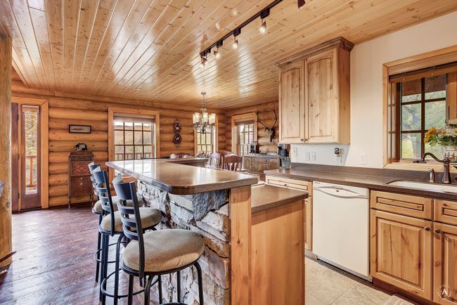 Kitchen featuring white dishwasher, rustic walls, track lighting, dark countertops, and a kitchen breakfast bar | Image 14
