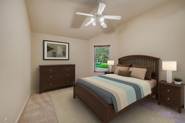 Bedroom featuring light carpet, vaulted ceiling, and a ceiling fan | Image 28